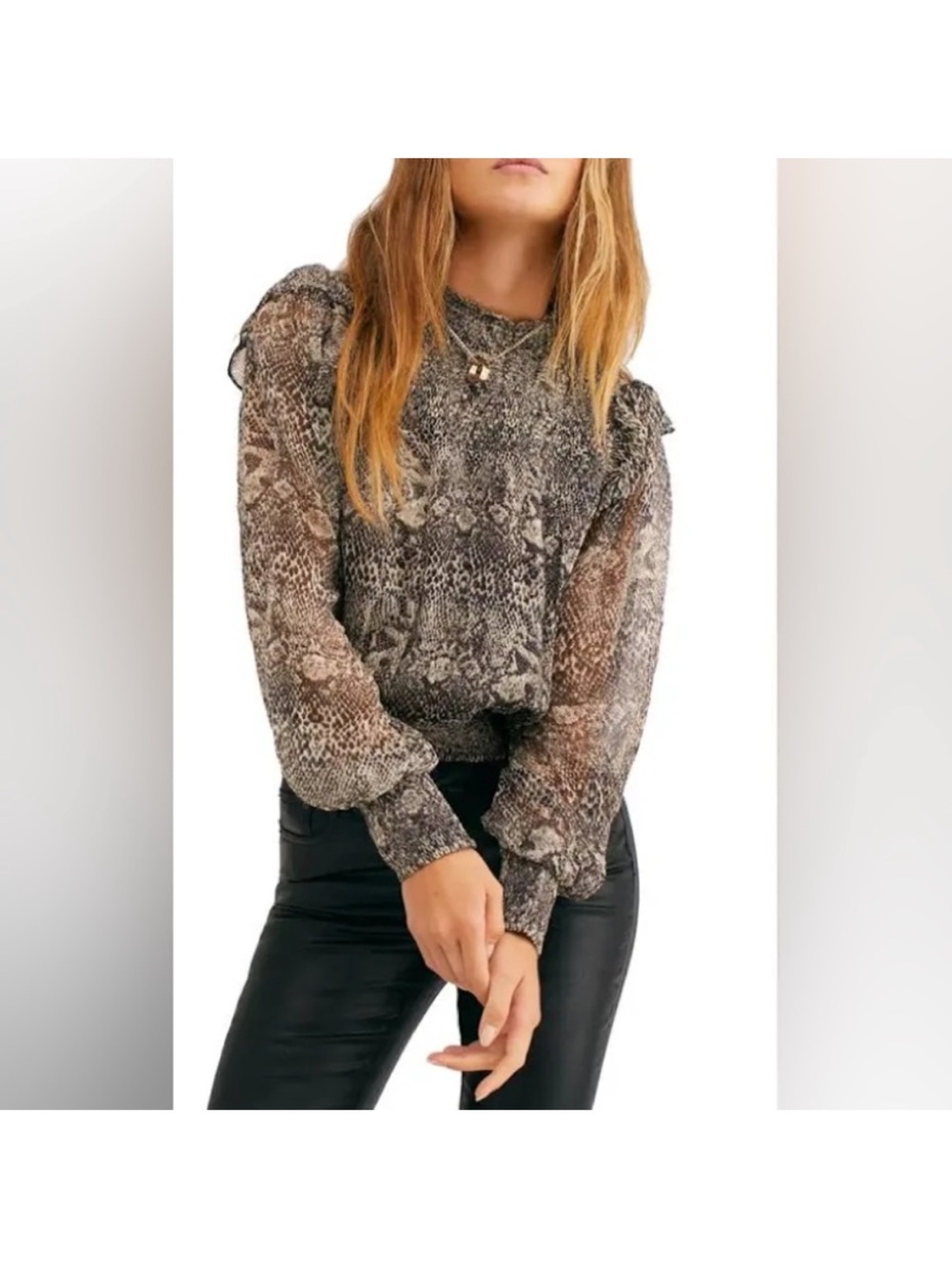 Free People Roma Snakeskin Print Smocked High Neck Blouse Size L - Picture 3 of 9